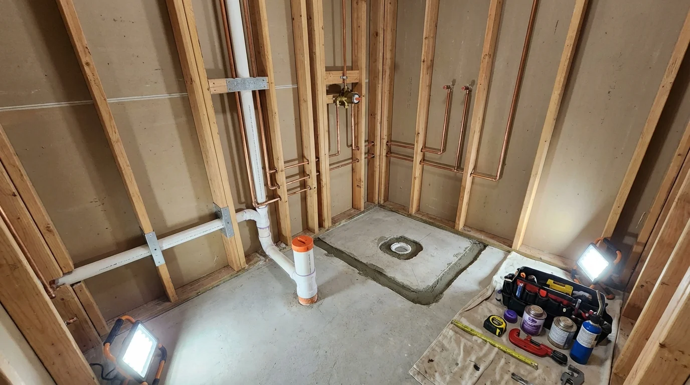 Bathroom rough-in plumbing during remodel by Johns Plumbing LLC in Fort Hall