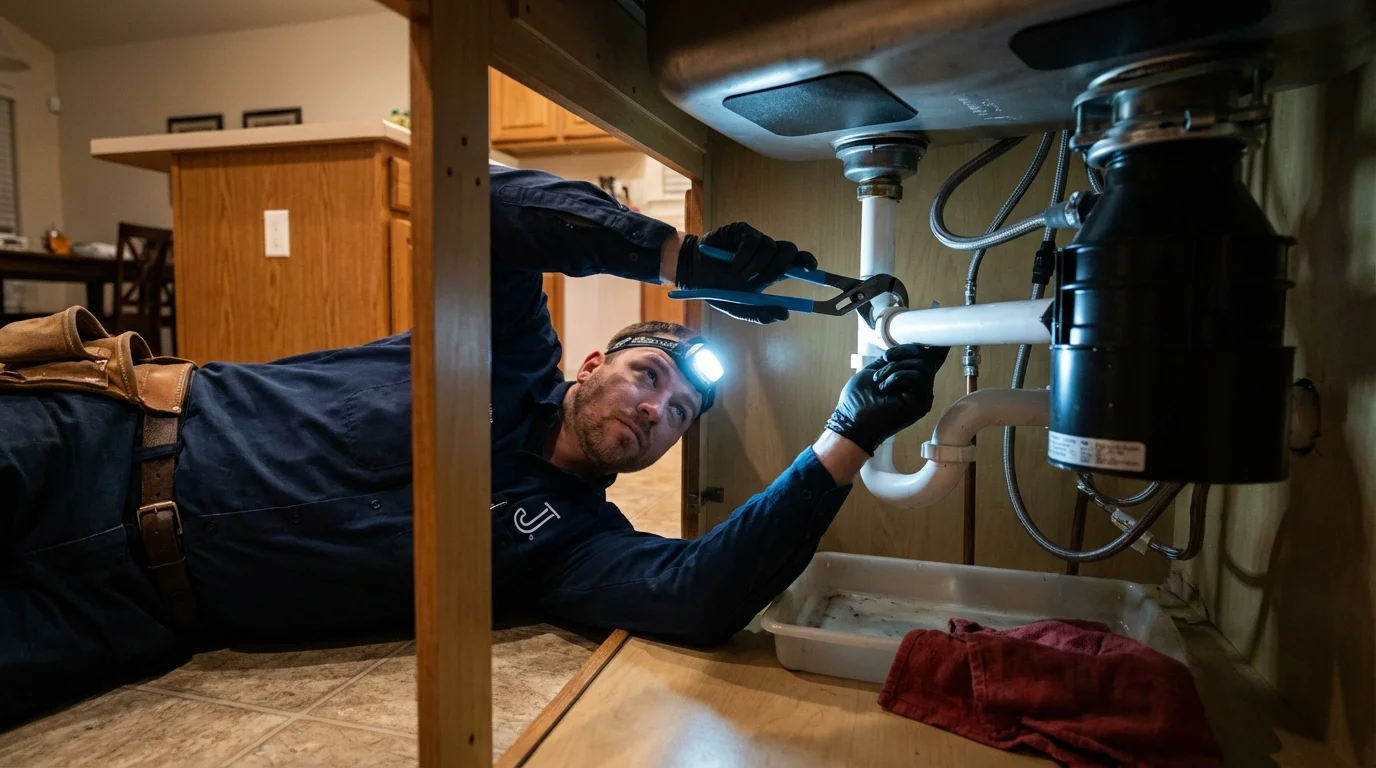 P-trap and supply line connections under a kitchen sink showing a common leak point in Fort Hall, ID
